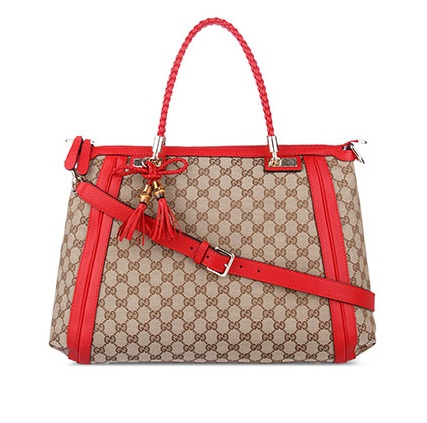 Authentic Gucci Bella GG Tote Bag 269945 Red Leather Trim